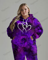 Women's Big Size Tracksuit Tie Dye Heart Print Hoodie Sweatpants Set